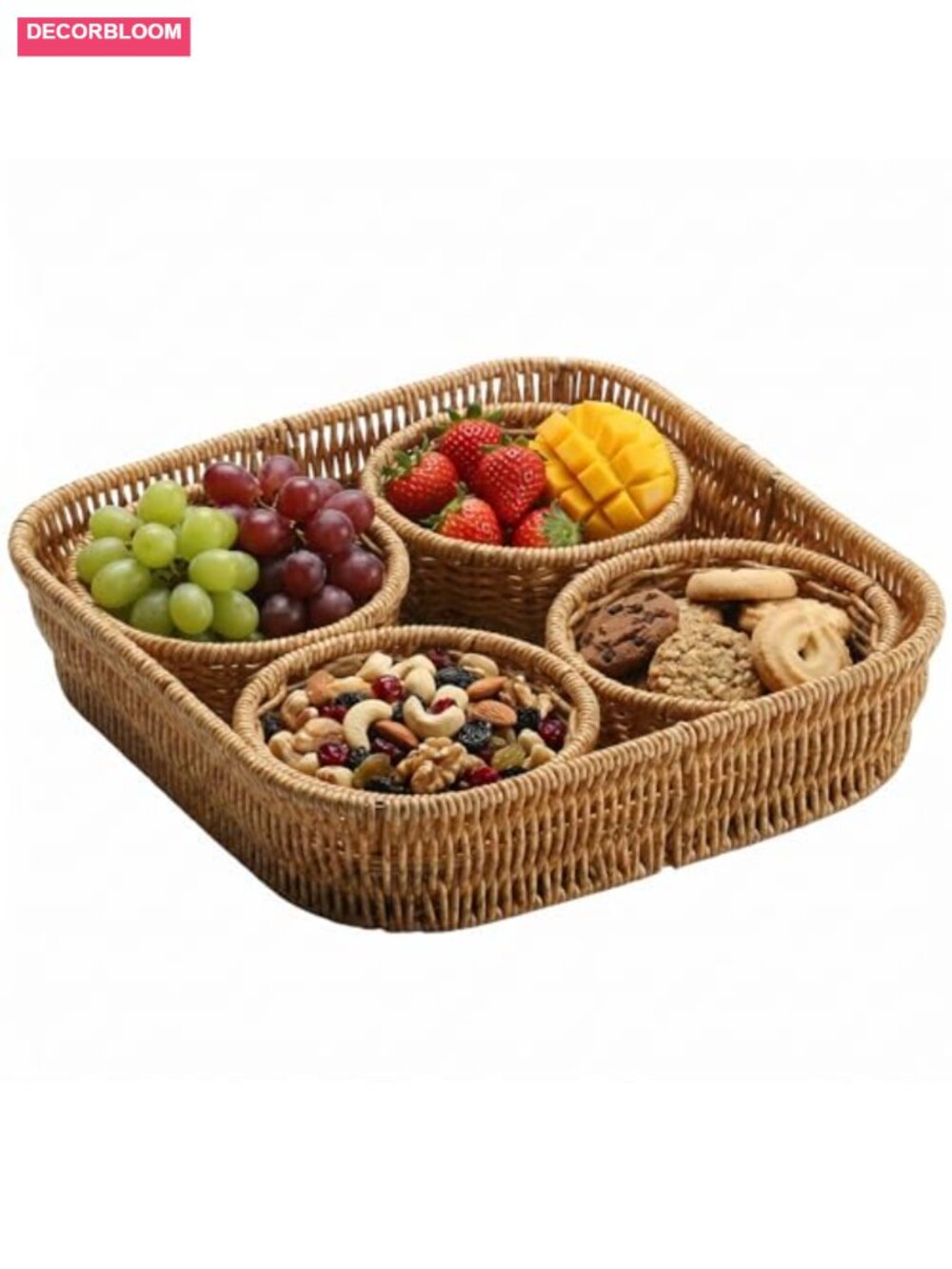 Woven Snack Storage Basket 4 Compartment Divided Dried Fruit Tray